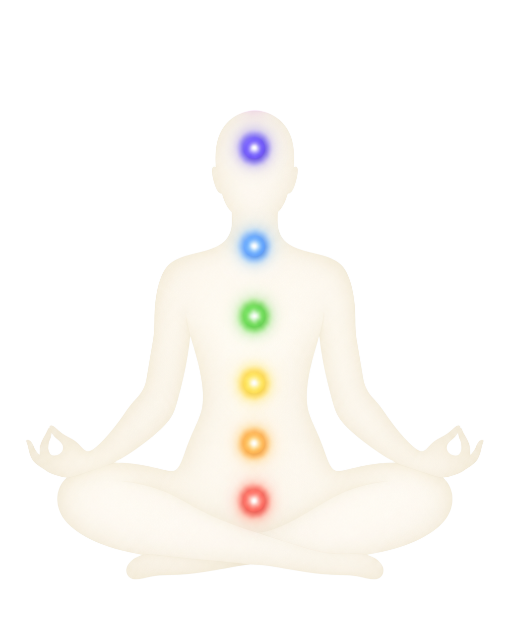 Silhouette of a person seated in meditation with the seven chakras aligned along the spine