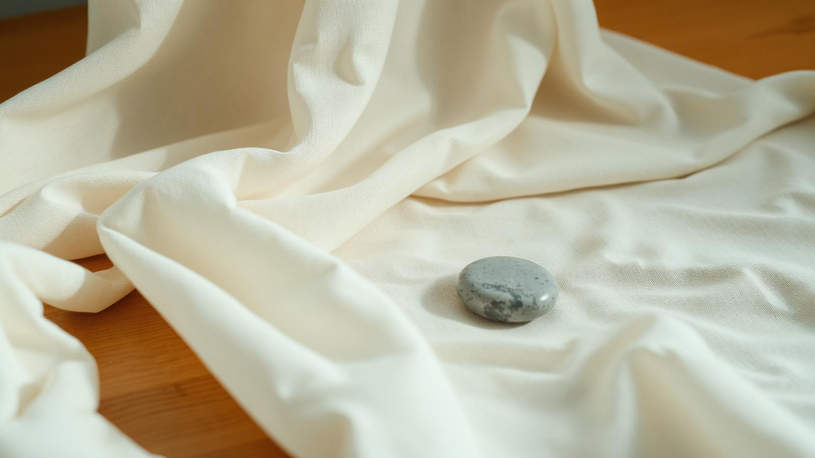 A smooth river stone resting on folded soft linen.