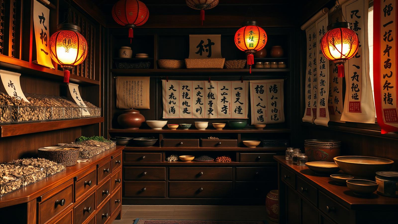 A traditional Chinese apothecary with wooden herb drawers, brass scales, and calligraphy.